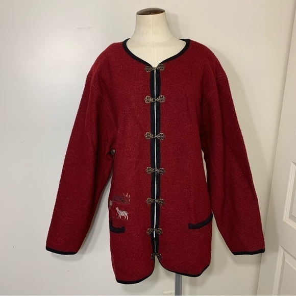 𝅺VINTAGE 80's Feu Rouge Embroidered Country Red pure Wool Shacket Cardigan Sz L - Picture 4 of 13